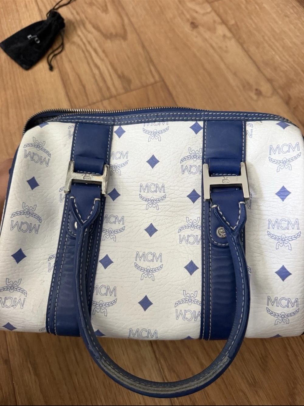 MCM White & Blue Logo Leather Satchel with Charm - Picture 2 of 7